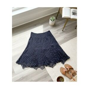 Vintage Monsoon Silk Polka Dot Skirt Navy Handkerchief Hem Boho Y2K UK18 Flowy
